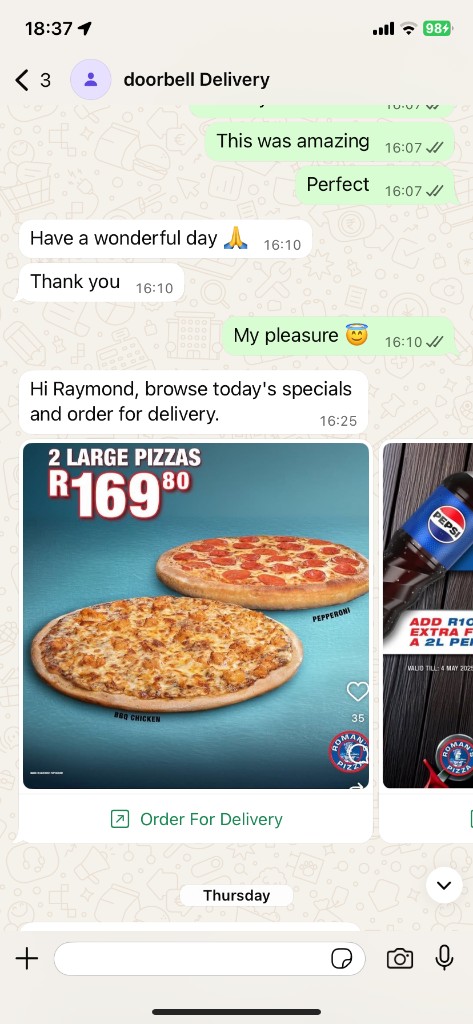 WhatsApp ordering demo (Romans Pizza pilot)